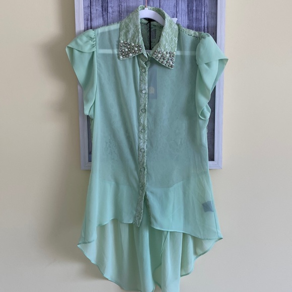 🌷💐💚 Gorgeous mint Back lace low high mint colour short sleeve blouse 💚😍💐 - Picture 1 of 6